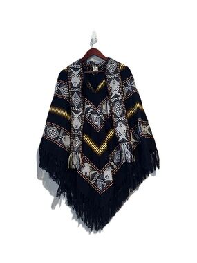 Inca Artesanias Dark Blue Yellow Fringe Poncho Shawl Sweater